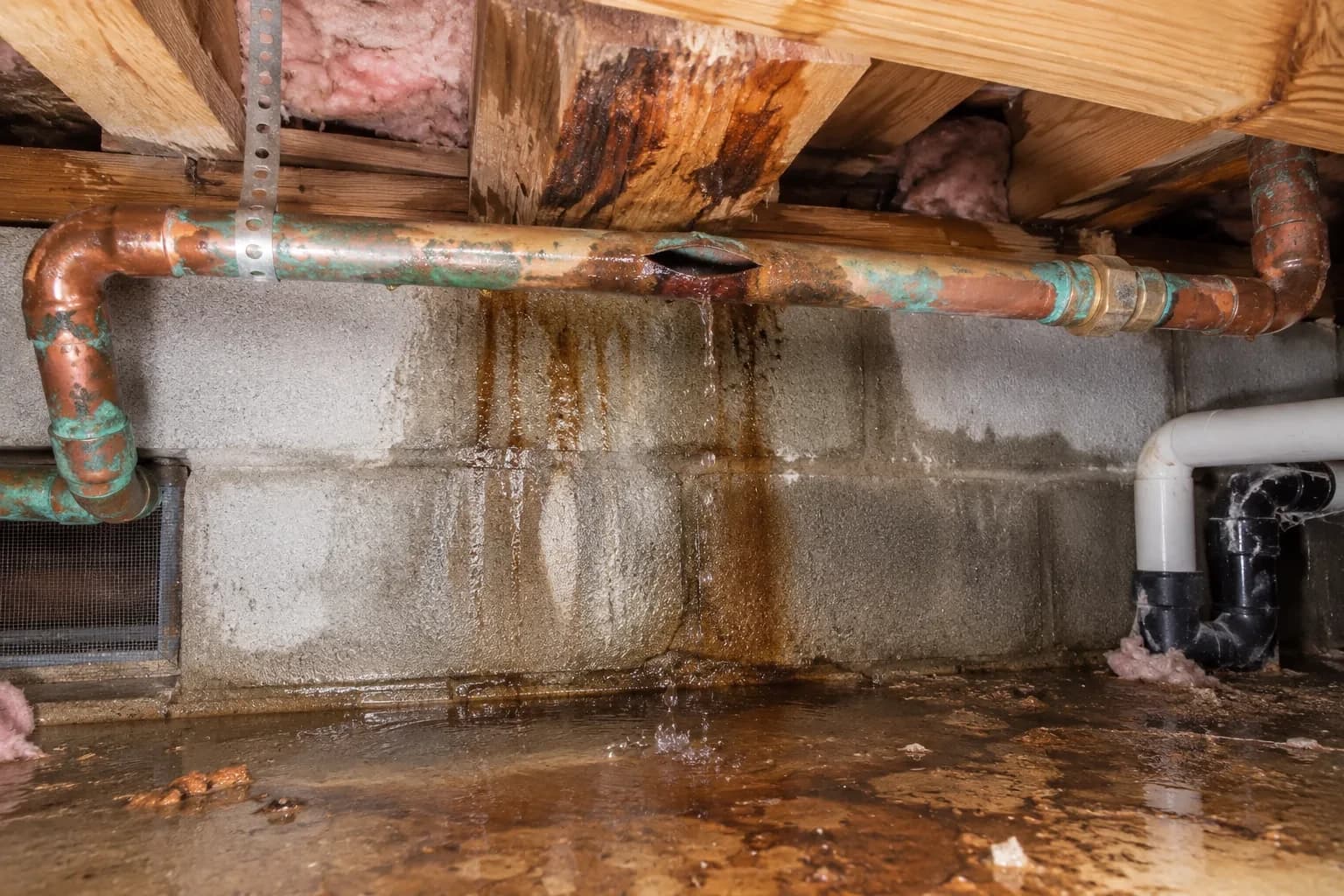 Corroded copper pipe leaking before repair in an Alpharetta, GA crawl space