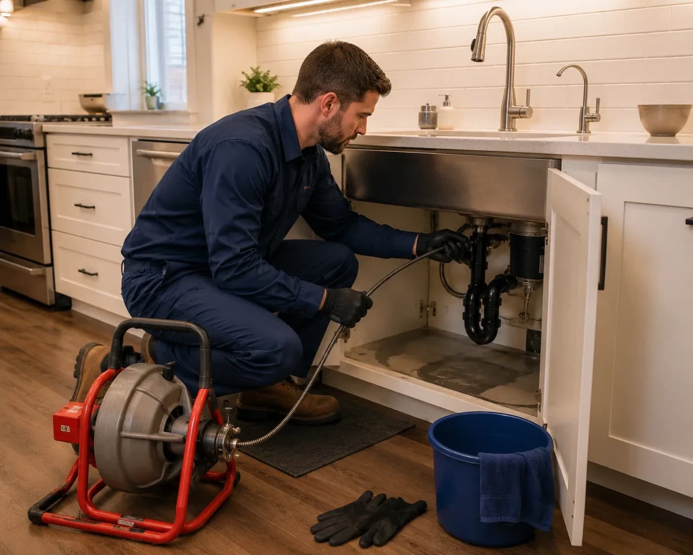 Plumber using a drain snake on a kitchen sink in Alpharetta, GA
