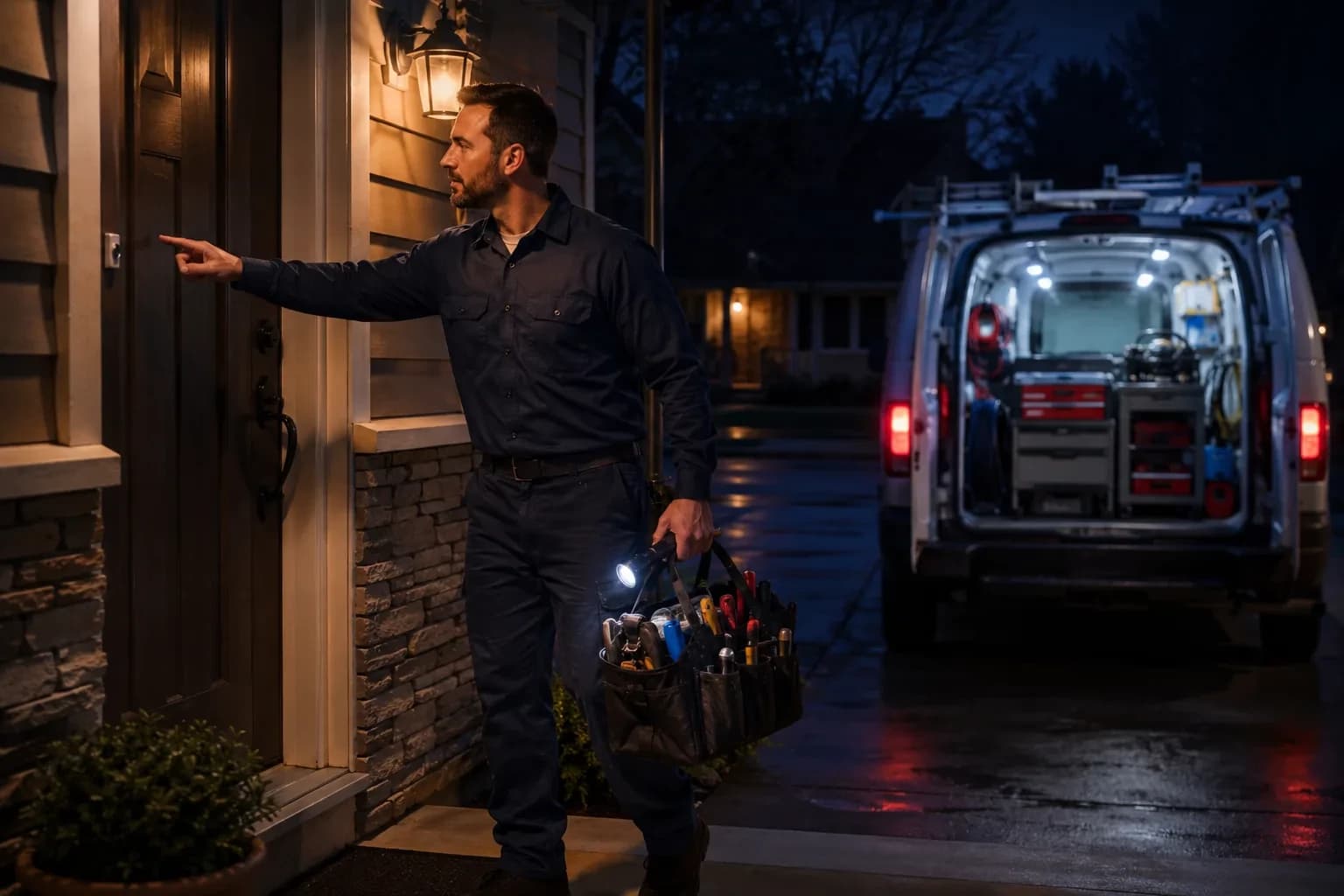 Emergency plumber arriving at a home in Alpharetta, GA at night