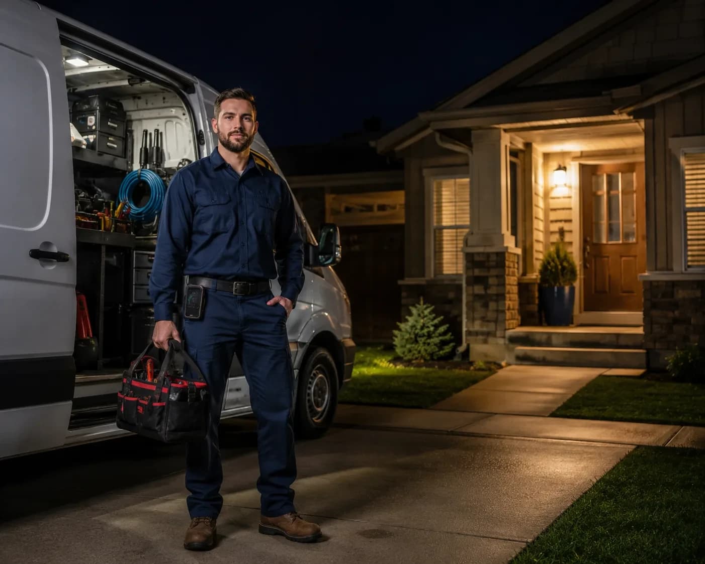 Emergency plumber arriving at an Alpharetta, GA home at night with the service van
