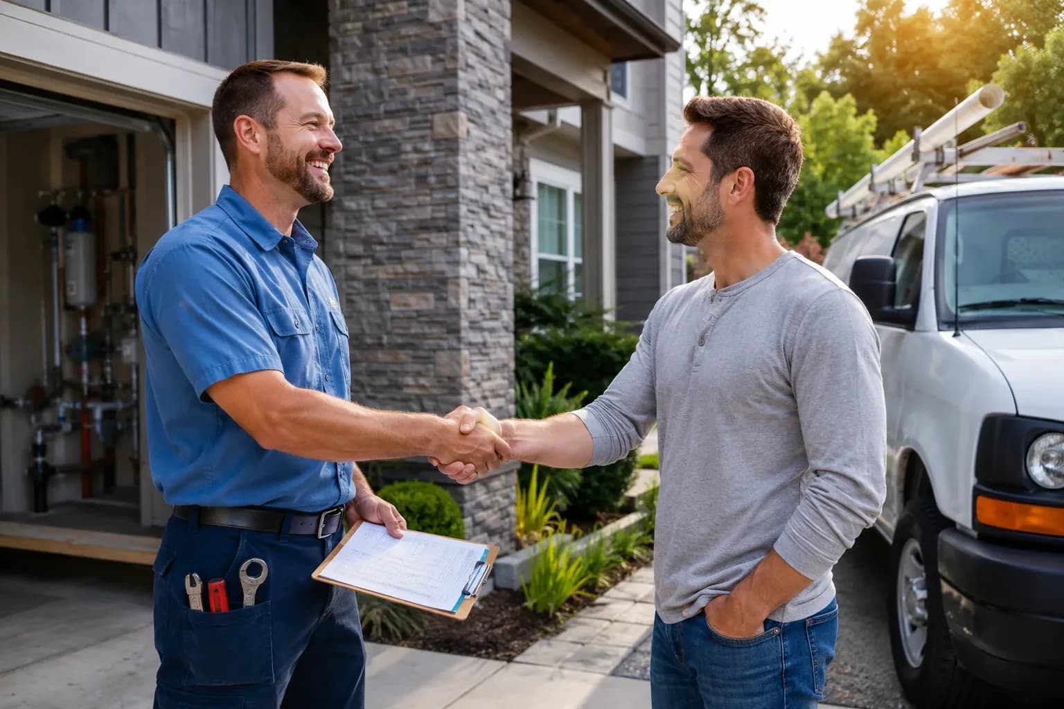 Licensed plumber shaking hands with a homeowner in Alpharetta, GA