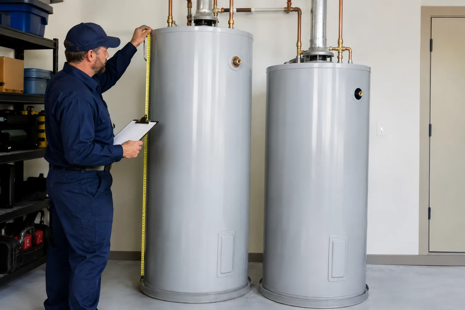 Plumber measuring a water heater for installation in an Alpharetta, GA home