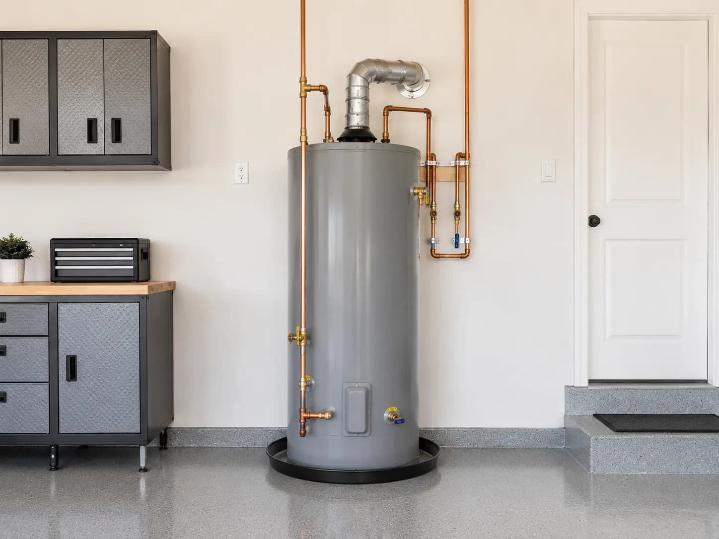Newly installed water heater in an Alpharetta, GA garage
