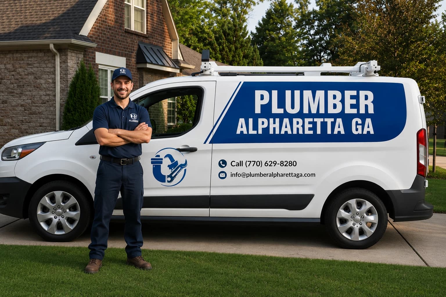 Plumber Alpharetta GA technician standing beside the branded service van in a driveway