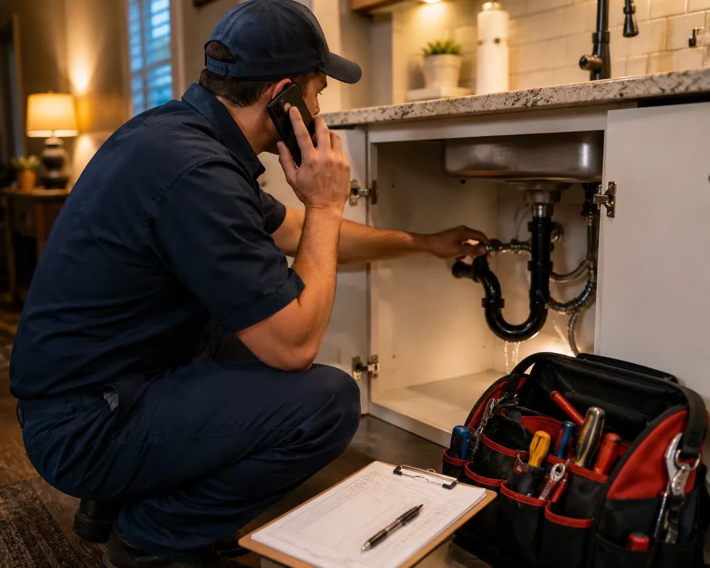 Plumber on a dispatch call while inspecting a kitchen sink in Alpharetta, GA
