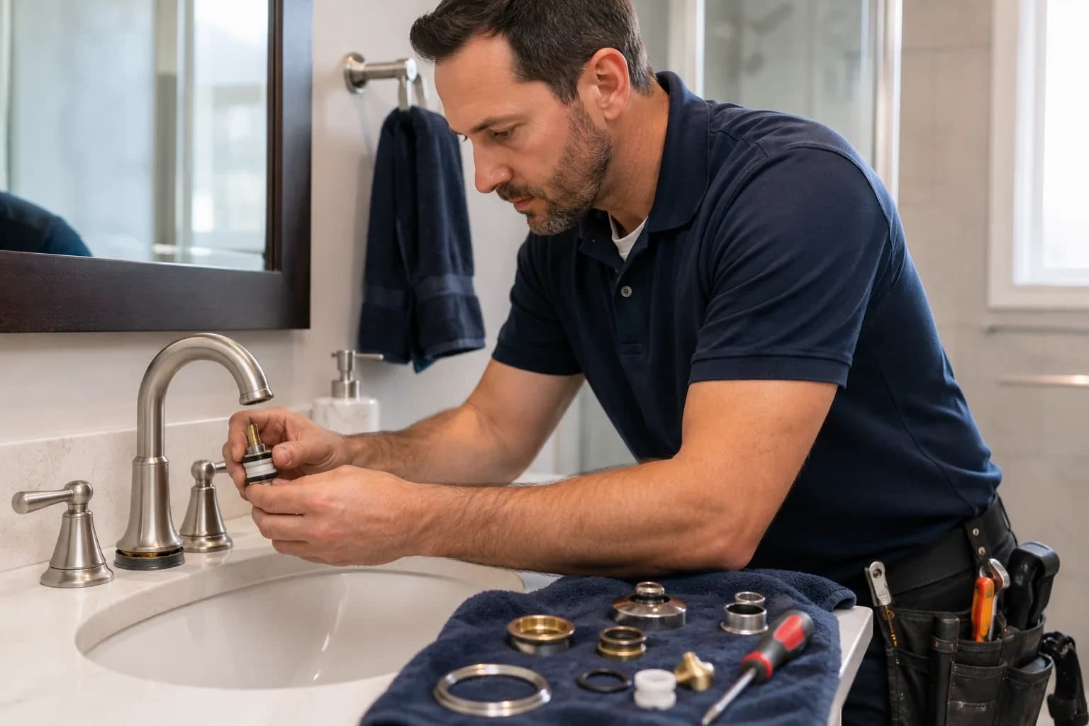 Plumber repairing a faucet cartridge in an Alpharetta, GA bathroom