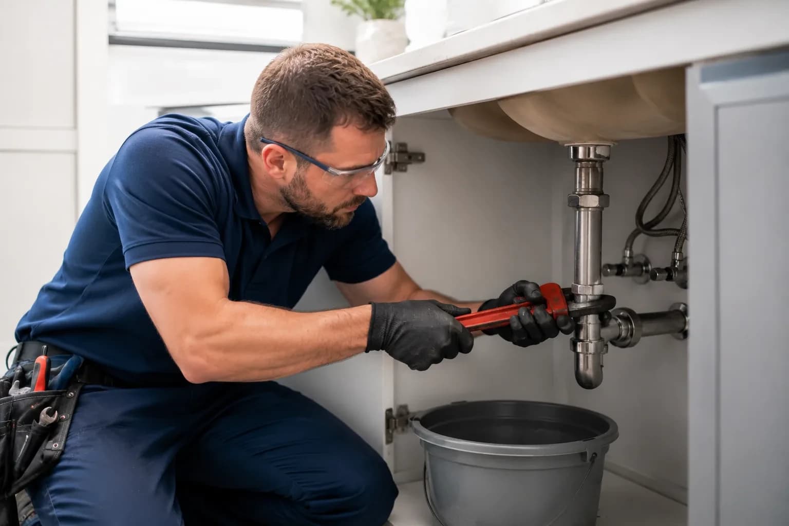 Plumber repairing pipes under a kitchen sink in Alpharetta, GA