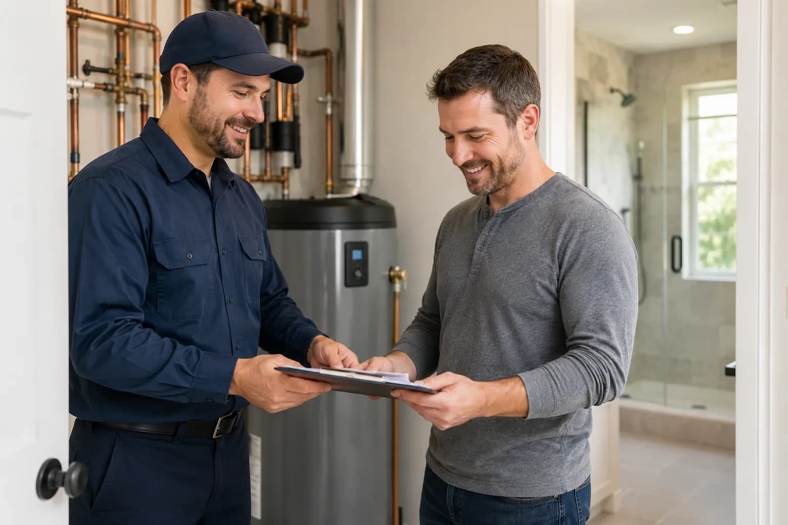 Plumber reviewing a written estimate with a homeowner in Alpharetta, GA