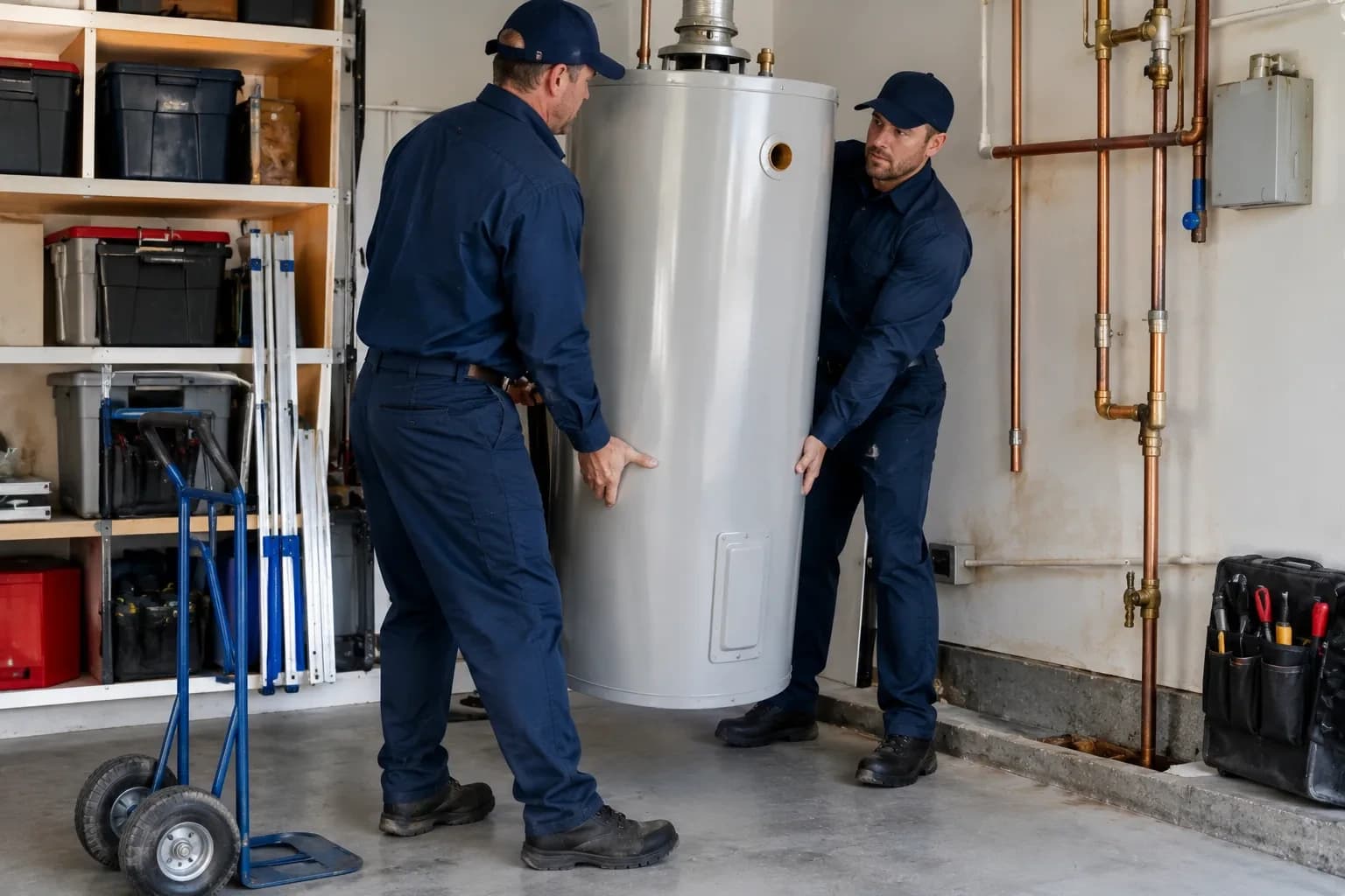 Two plumbers installing a new water heater in an Alpharetta, GA home