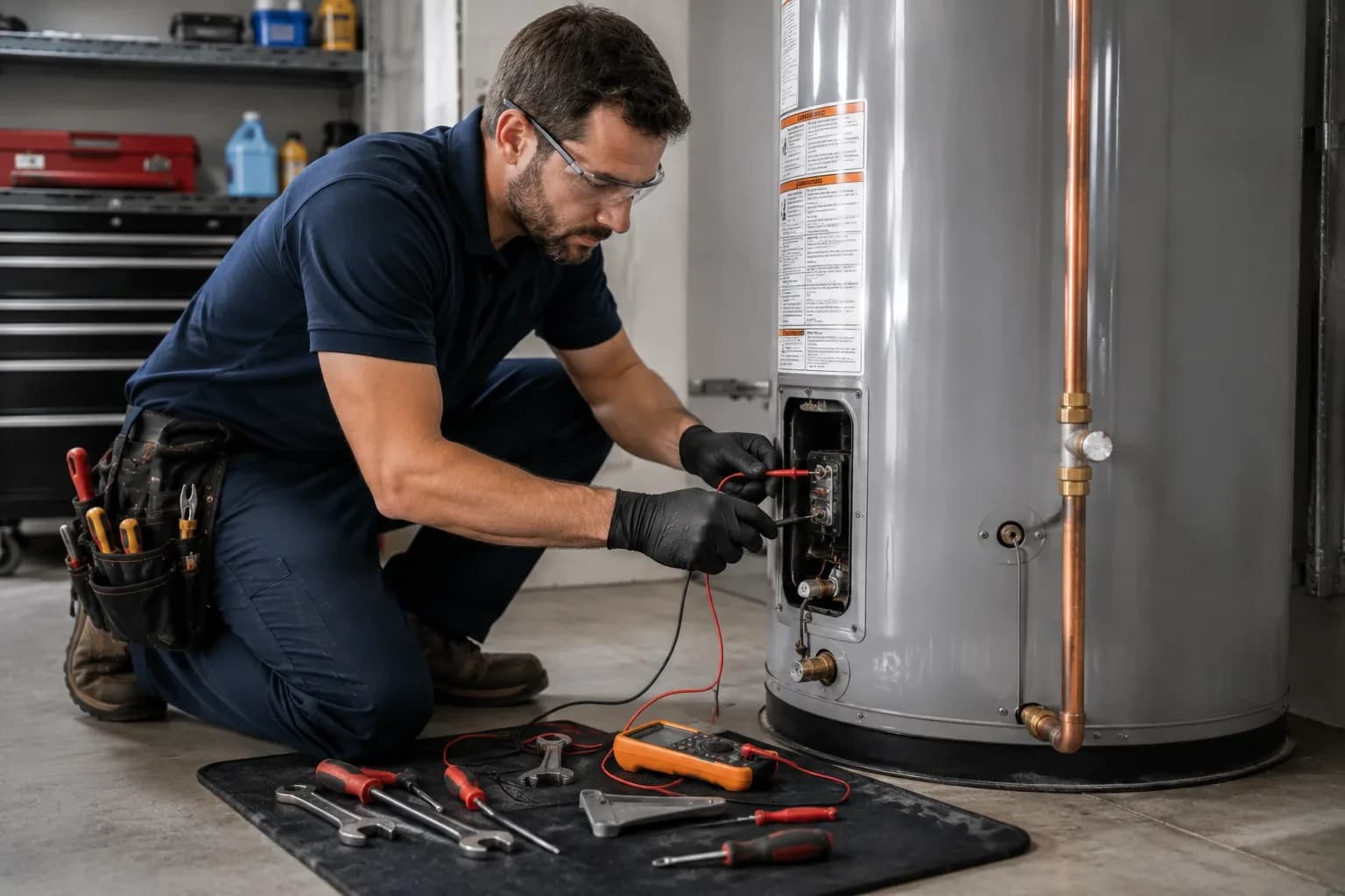 Plumber running diagnostic tests on a water heater in Alpharetta, GA